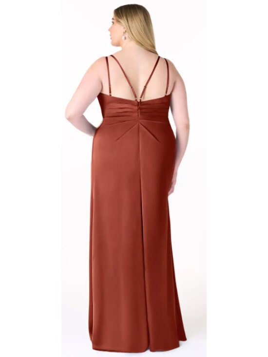 Azazie Terracotta Stretch Satin Formal Dress A22 Plus Size Slit V-Neck BNWT Prom - Picture 3 of 4